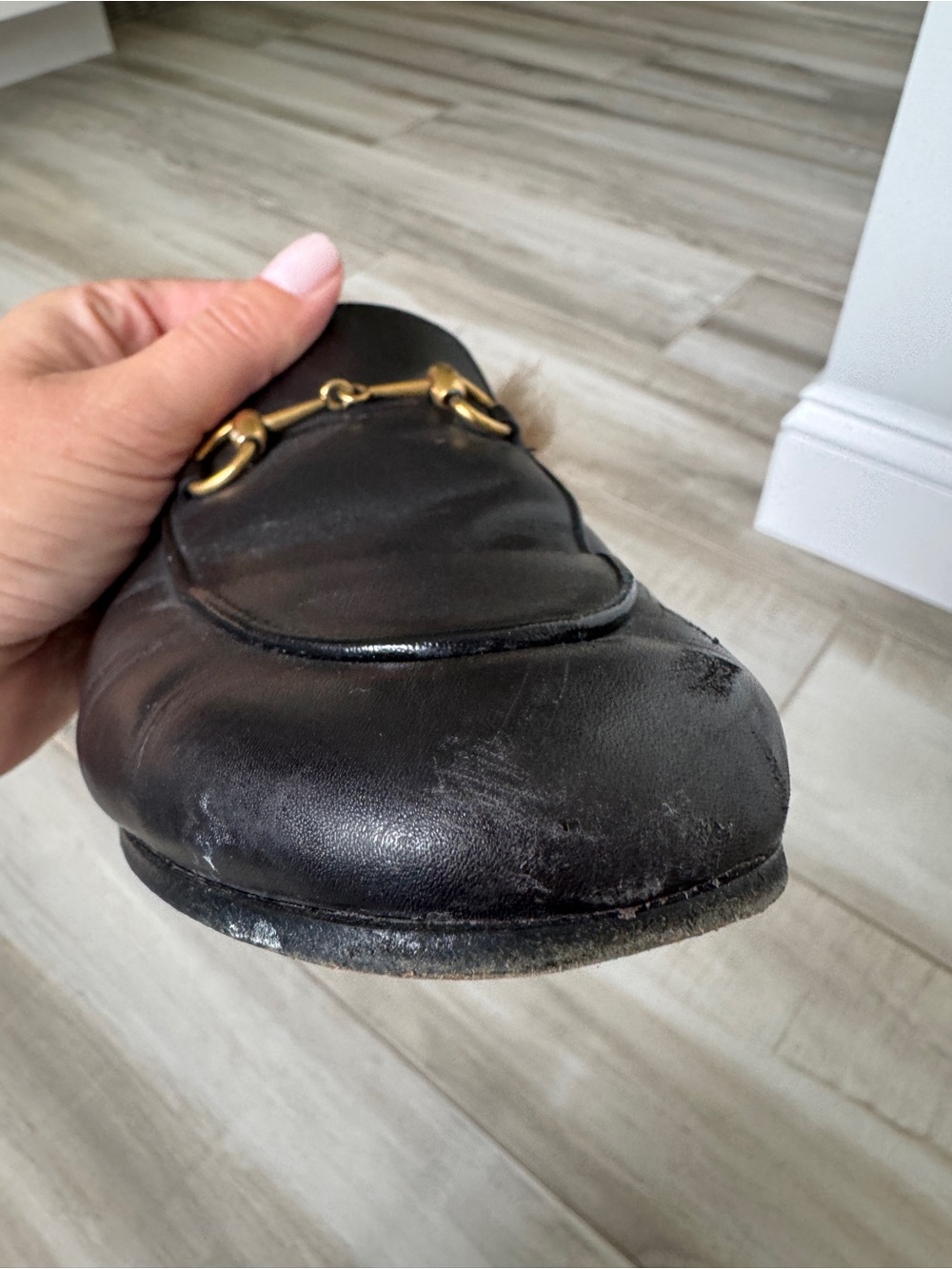 Gucci Black Leather Princetown Fur-Lined Mule with Gold Horsebit - Picture 6 of 8